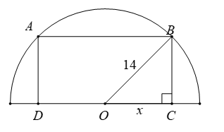 Một khu đất có dạng nửa hình tròn với bán kính là 14 m. Người ta muốn xây dựng một khu vui chơi hình chữ nhật nội tiếp trong nửa đường tròn (như hình vẽ) (ảnh 2)