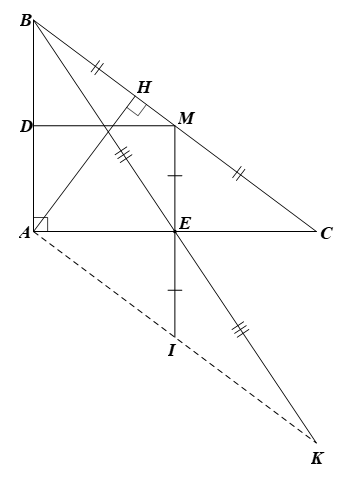 Cho tam giác ABC vuông tại A {AB < AC} , đường cao AH , M là trung điểm BC (ảnh 1)