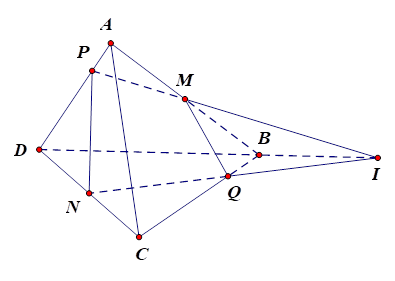 Cho tứ diện ABCD. Gọi M,N lần lượt là trung điểm AB và CD. Mặt phẳng alpha đi qua MN, cắt AD, BC lần lượt tại P và Q. Biết MP cắt NQ tại I. Ba điểm nào sau đây thẳng hàng? (ảnh 1)