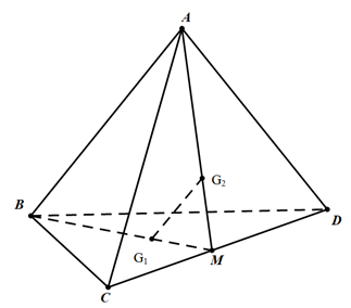 Cho tứ diện ABCD, gọi G1; G2 lần lượt là trọng tâm tam giác BCB và ACD. Mệnh đề nào sau đây sai? (ảnh 1)