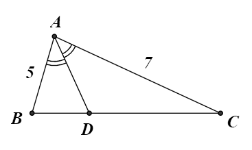 Cho tam giác ABC với phân giác trong AD. Biết AB = 5, BC = 6, CA = 7. Khi đó vecto AD bằng: (ảnh 1)