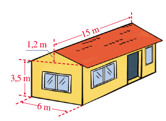 Một ngôi nhà có cấu trúc và kích thước như hình vẽ dưới đây. Tính thể tích phần không gian được giới hạn bởi ngôi nhà đó. (ảnh 1)