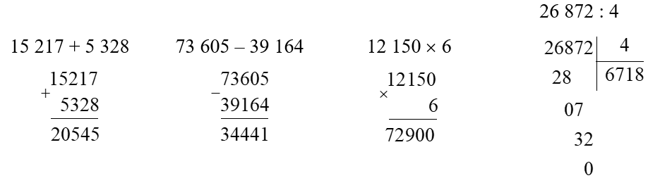 Đặt tính rồi tính:   15 217 + 5 328   73 605 – 39 164 (ảnh 1)