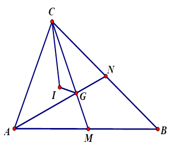 Cho tam giác ABC có các cạnh AB = c,BC = a,CA = b. Gọi  G, I lần lượt là trọng tâm, tâm đường tròn nội tiếp tam giác ABC, biết IG vuông góc IC. Chứng minh rằng: (a + b) (a + b + c) = 6ab (ảnh 1)