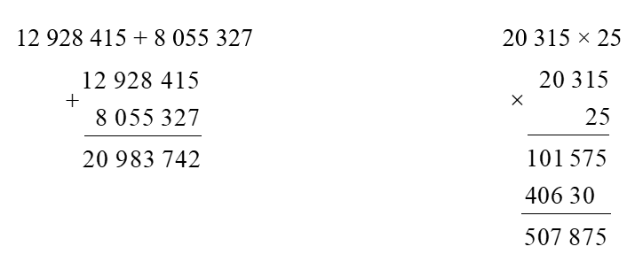 Đặt tính rồi tính:   12 928 415 + 8 055 327 (ảnh 1)