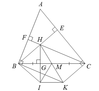 Cho Delta ABC nhọn có AB < ACCác đường cao BE song song CF cắt nhau tại H. Gọi M là trung điểm của BC (ảnh 1)
