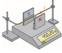 Hình bên là ảnh chụp thí nghiệm đo lực từ của nam châm vĩnh cửu tác dụng lên đoạn dây dẫn đặt trong từ trường (ảnh 1)
