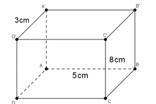Cho hình hộp chữ nhật ABCD.A'B'C'D' như hình vẽ, có A'D' = 3cm , AB = 5cm , CC' = 8cm (ảnh 2)
