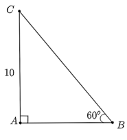 Cho tam giác ABC vuông tại A, có  góc B = 60 độ  và AC = 10.  Độ dài cạnh BC là (ảnh 1)