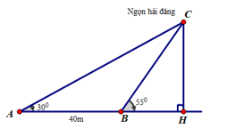 Một người đi dọc bờ biển từ vị trí A đến vị trí B và quan sát một ngọn hải đăng. Góc nghiêng của phương quan sát từ các vị trí A, B tới ngọn hải đăng với đường đi của người quan sát là 30 độ (ảnh 2)