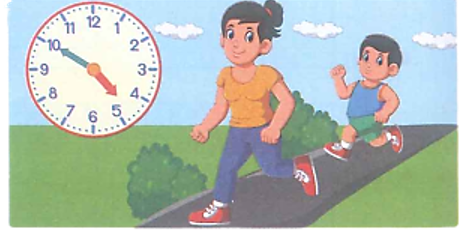 Huy bắt đầu chạy thể dục cùng mẹ lúc 17 giờ kém 10 phút và chạy xong lúc 18 giờ kém 15 phút.  (ảnh 1)