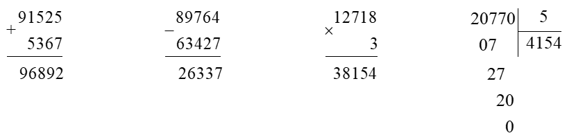 Đặt tính rồi tính:  91 525 + 5 367    89 764 – 63 427 (ảnh 1)