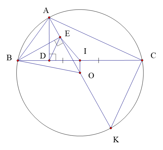  Cho đường tròn (O) và BC là một dây của (O) khác đường kính. Gọi A là điểm trên cung nhỏ BC, sao cho A khác B, C và thỏa mãn AB<AC. Kẻ đường kính AK của đường tròn (O). Gọi D là chân (ảnh 2)
