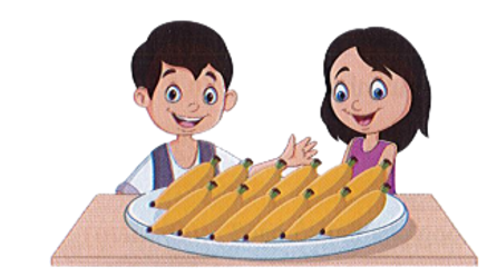 Quan sát bức tranh rồi viết phép nhân hoặc phép chia thích hợp:  Nếu chia đều, mỗi bạn được mấy quả chuối? (ảnh 1)