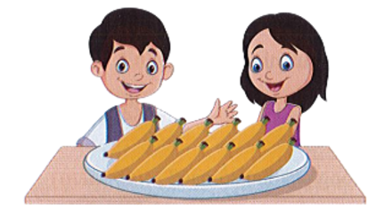 Viết phép tính và kết quả vào chỗ trống.   	Nếu chia đều, mỗi bạn được mấy quả chuối? (ảnh 1)