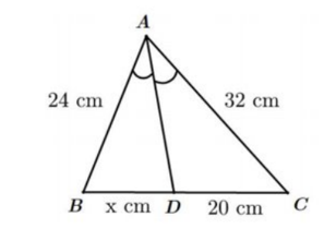 Cho hình vẽ bên. Biết AD là đường phân giác của góc BAC. Khi đó độ dài x trong hình vẽ bên bằng (ảnh 1)
