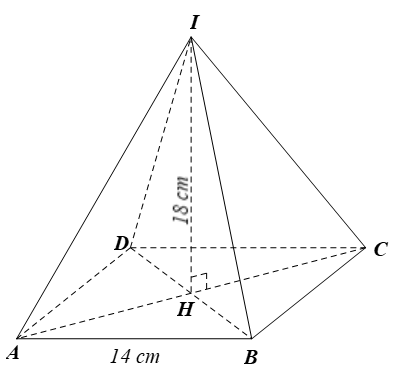 Cho hình chóp tứ giác đều I.ABCD có độ dài cạnh đáy là 14 cm  (ảnh 1)