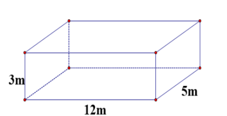 Một hồ bơi dạng hình hộp chữ nhật có kích thước trong lòng hồ là: chiều dài 12 m, chiều rộng 5 m, chiều cao 3 m. (ảnh 1)