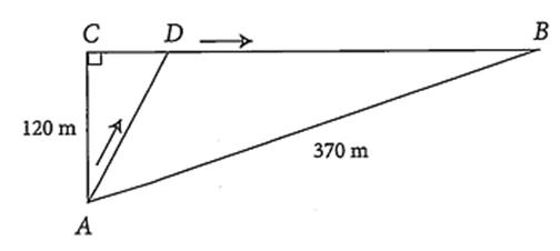 Một chú thỏ ngày nào cũng ra bờ suối ở vị trí A, cách cửa hang của mình tại vị trí B là 370 m để uống nước, sau đó chú thỏ sẽ đến vị trí C cách vị trí A 120 m để ăn cỏ rồi trở về hang. (ảnh 1)