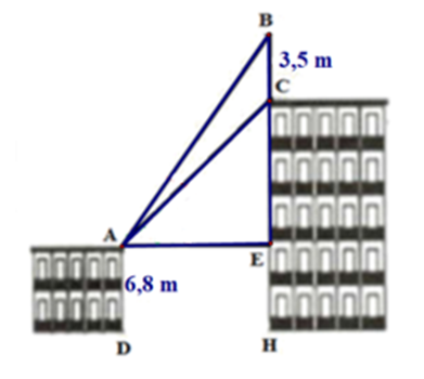  Trên nóc của một tòa nhà có một cột ăng – ten cao 3,5 m. Từ vị trí quan sát A cao 6,8 m so với mặt đất, có thể nhìn thấy đỉnh B và chân C của cột ăng – ten dưới góc 550 và 450 so với phương nằm ngang, tức là (ảnh 1)