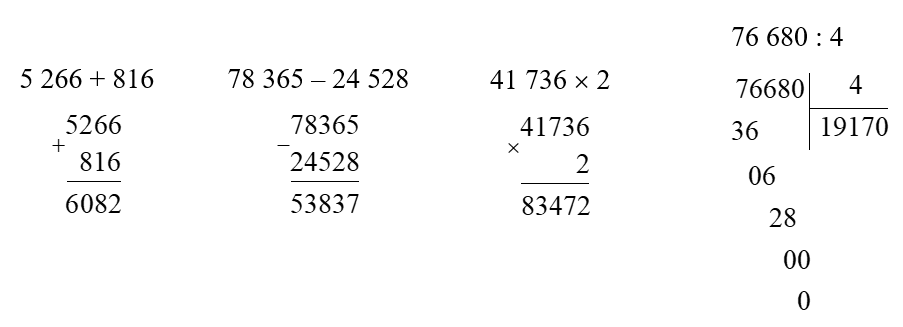 Đặt tính rồi tính:  5 266 + 816   78 365 – 24 528 (ảnh 1)