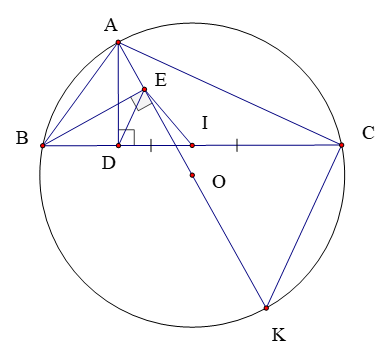  Cho đường tròn (O) và BC là một dây của (O) khác đường kính. Gọi A là điểm trên cung nhỏ BC, sao cho A khác B, C và thỏa mãn AB<AC. Kẻ đường kính AK của đường tròn (O). Gọi D là chân (ảnh 1)