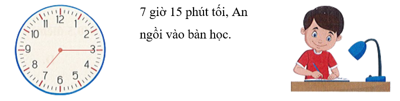Vẽ thêm kim giờ và kim phút để đồng hồ chỉ giờ phù hợp.     	  7 giờ 15 phút tối, An ngồi vào bàn học.  	 (ảnh 3)