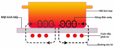 Bếp từ có cấu tạo như hình vẽ. Khi cắm điện cho bếp từ, dòng điện xoay chiều đi qua cuộn dây bên dưới bếp sinh ra một từ trường biến thiên trên mặt bếp. (ảnh 1)
