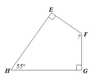Cho tứ giác EFGH như hình bên. Số đo F  bằng: (ảnh 1)