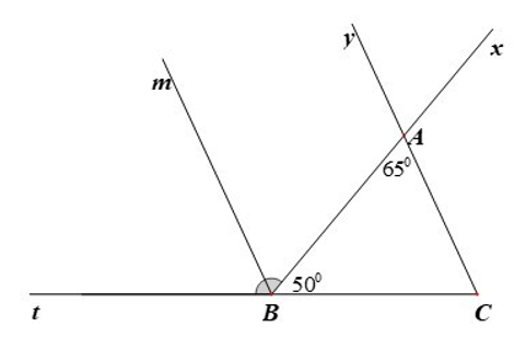 Cho hình vẽ, biết góc BAC =65 độ và góc CBx =50 độ . Tia Bt là tia đối của tia BC, tia Bm là phân giác của góc ABt (ảnh 1)