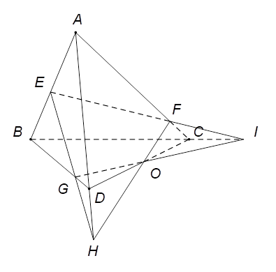 Cho tứ diện ABCD. Gọi E,F,G là các điểm lần lượt thuộc các cạnh AB, AC, BD sao cho EF cắt BC tại I, EG cắt AD tại H. Ba đường thẳng nào sau đây đồng quy? (ảnh 1)