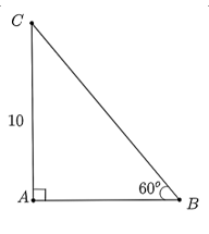 Cho tam giác ABC vuông tại A, có góc B = 60 độ và AC = 10. Độ dài cạnh BC là (ảnh 1)