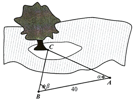 Để đo khoảng cách từ một điểm A trên bờ sông đến gốc cây C trên cù lao giữa sông, người ta chọn một điểm B cùng ở trên bờ với A sao cho từ A và B có thể nhìn thấy điểm C (ảnh 1)