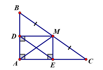 Cho tam giác ABC vuông tại A có (AB < AC). Gọi M là trung điểm của BC (ảnh 1)