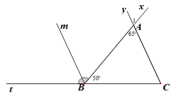 Cho hình vẽ, biết góc BAC =65 độ và góc CBx =50 độ . Tia Bt là tia đối của tia BC, tia Bm là phân giác của góc  ABt (ảnh 2)