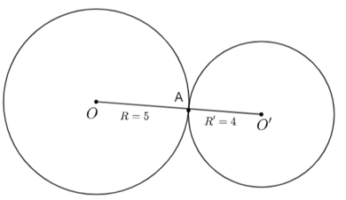 Cho hai đường tròn (O; 5cm); (O'; 4cm) với OO' = 9cm. Kết luận nào sau đây đúng về vị trí tương đối của hai đường tròn? (ảnh 1)