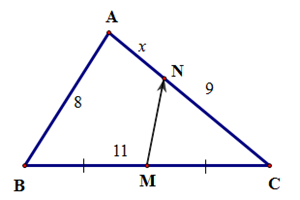 Cho tam giác ABC biết AB = 8,AC = 9,BC = 11. Gọi M là trung điểm BC và N là điểm trên đoạn AC sao cho AN = x; 0 < x < 9. Hệ thức nào sau đây đúng? (ảnh 1)