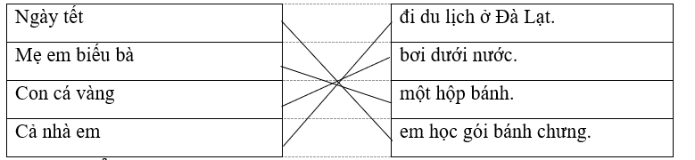 Nối: Ngày tết đi du lịch ở Đà Lạt. Mẹ em biếu bà bơi dưới nước. Con cá vàng một hộp bánh. Cả nhà em em học gói bánh chưng. (ảnh 1)