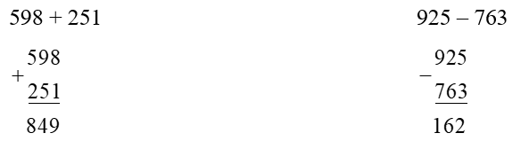 Đặt tính rồi tính.  598 + 251 (ảnh 1)