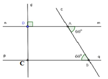 Cho hình vẽ bên, biết góc  {mAB} = 60độ , góc {ABC} = 60 độ và d vuông góc mn tại điểm D (ảnh 2)