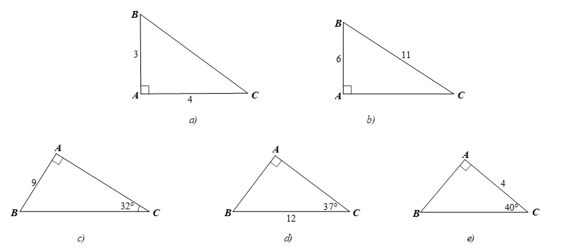 Giải tam giác vuông trong mỗi hình sau (làm tròn đến hàng phần trăm của đơn vị độ dài và làm tròn đến phút của đơn vị số đo góc): (ảnh 1)