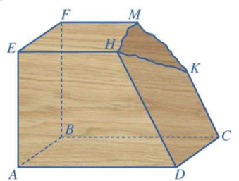 Một khối gỗ có các mặt đều là một phần của mặt phẳng với (ABCD) // (EFM), CK//DH. Khối gỗ bị hỏng một góc (hình bên). Bác thợ mộc muốn làm đẹp khối gỗ bằng cách cắt khối gỗ theo mặt phẳng (R) (ảnh 1)