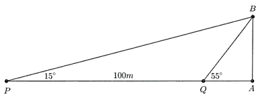 Hai chiếc tàu thủy P và Q trên biển cách nhau 100 m và thẳng hàng với chân A của tháp hải đăng AB ở trên bờ biển. Từ P và Q người ta nhìn chiều cao AB của tháp dưới các góc BPA= 15 độ và góc BQA = 55 độ (ảnh 1)