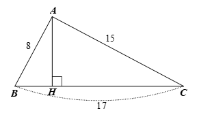 Cho tam giác ABC có AB = 8 ,AC = 15 ,BC = 17. Kẻ đường cao AH. Tỉ số lượng giác cos góc HAC bằng (ảnh 1)
