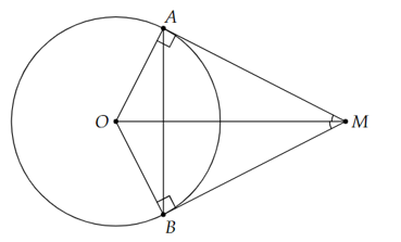 Cho tiếp tuyến của đường tròn (O) tại A và B cắt nhau tại M. Biết góc {AMB} = 50 độ.  Số đo cung nhỏ AB là (ảnh 1)