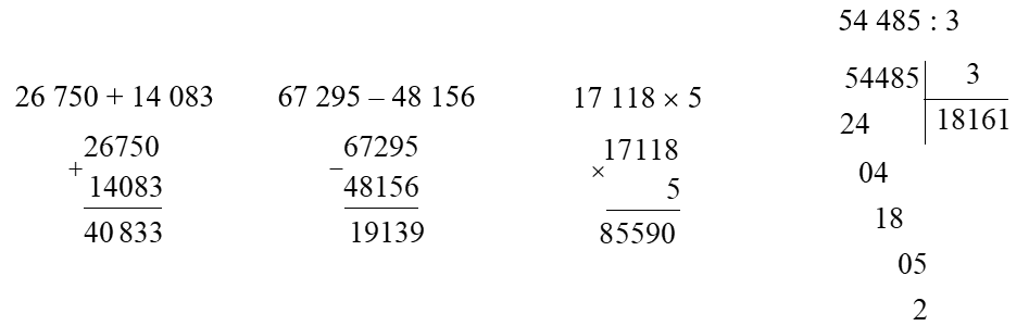 Đặt tính rồi tính:   26 750 + 14 083  67 295 – 48 156 (ảnh 1)