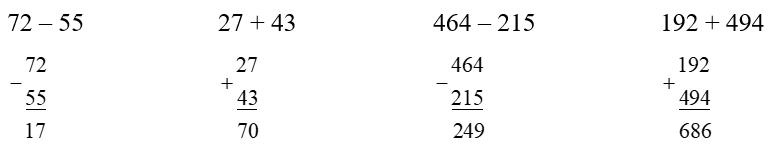 Đặt tính rồi tính  72 – 55   27 + 43 (ảnh 1)