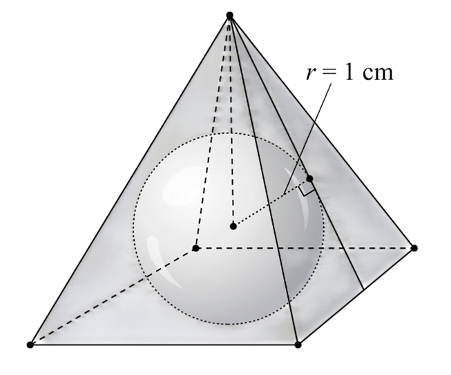 Thể t&iacute;ch khối ch&oacute;p cần t&igrave;m l&agrave; \({V_{S.ABCD}} = \frac{1}{3}.SH.{S_{ABCD}} = \frac{1}{3}.3.12 = 12\,\left( {{\rm{c}}{{\rm{m}}^3}} \right)\). (ảnh 1)
