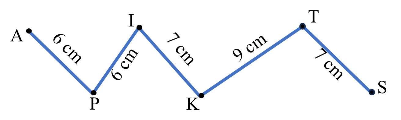 d) Đường gấp khúc APIKTS dài là:    A. 27 cm    B. 33 cm     C. 34 cm    D. 35 cm (ảnh 1)
