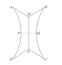 Một mô hình khối tròn xoay có trục là đường thẳng MN, khi ta cắt khối tròn xoay đó bởi một mặt phẳng đi qua trục của khối tròn xoay thì ta được mặt cắt có dạng như hình vẽ dưới đây (ảnh 1)